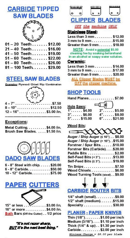 Greater Houston Sharpening Pricing List